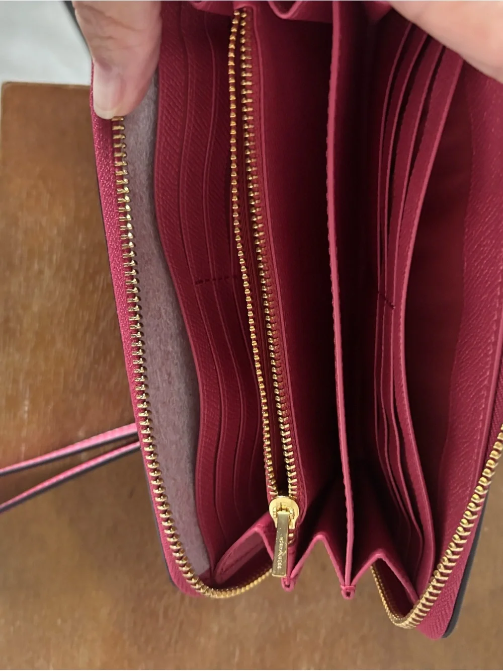 COACH Hot Pink Saffiano Leather Zip Wallet with Gold Logo